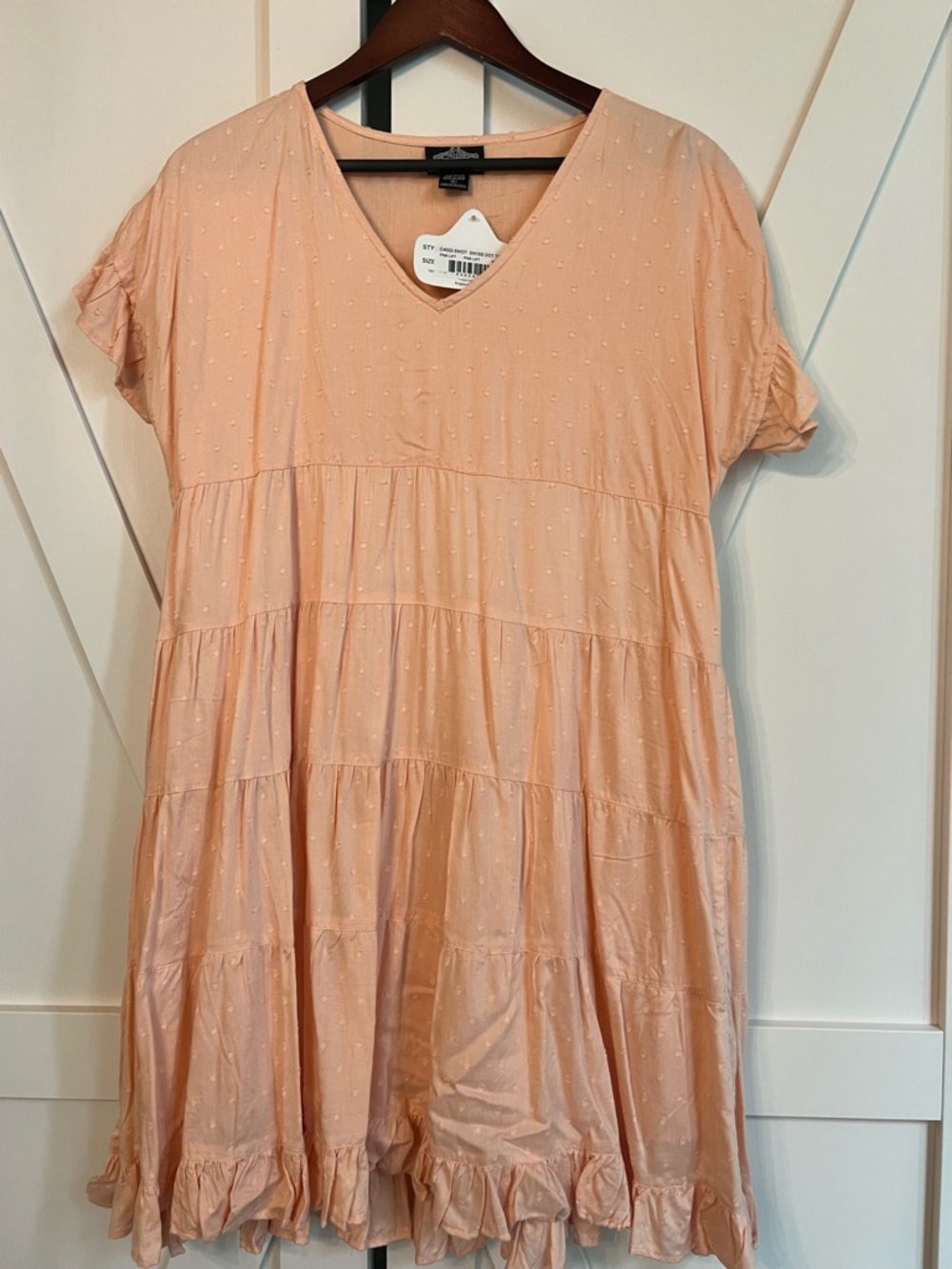 Angie Peach V-Neck Swiss Dot Tiered Dress
